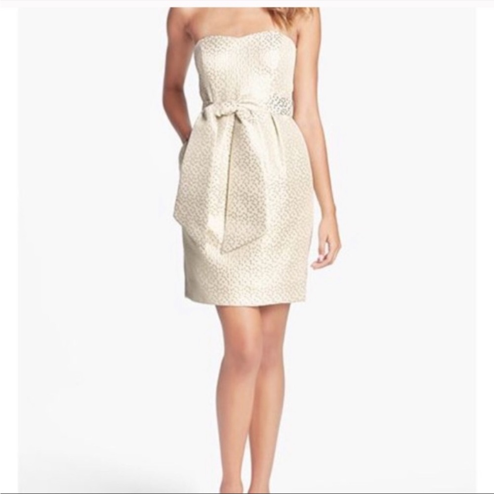 Jenny Yoo Strapless Gold Polka Dot Dress